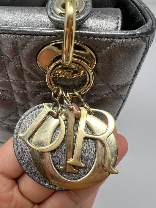 Dior Lady Cannage Leather Handbag Metallic Silver small
