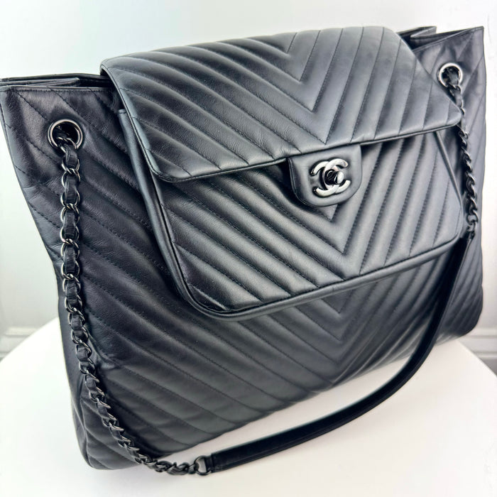 Chanel So Black Classic Flap Shopping Tote Chevron Lambskin Large