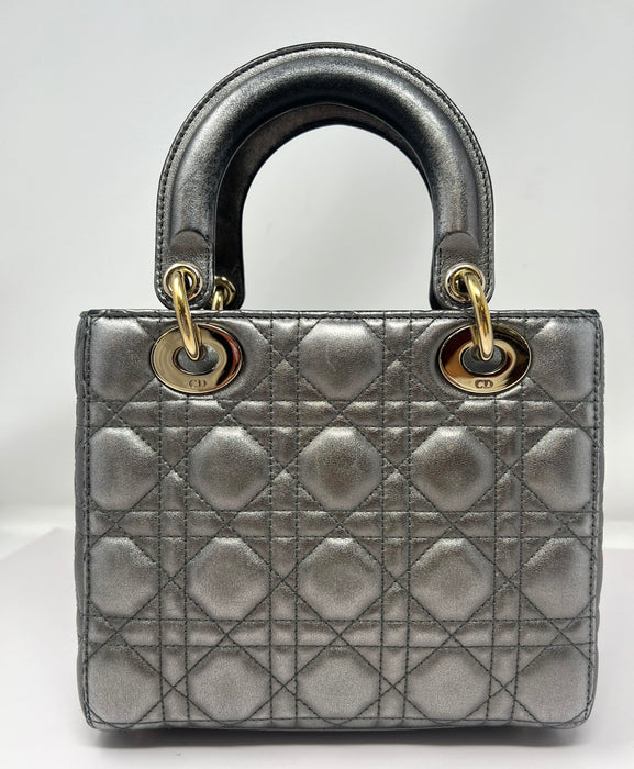 Dior Lady Cannage Leather Handbag Metallic Silver small