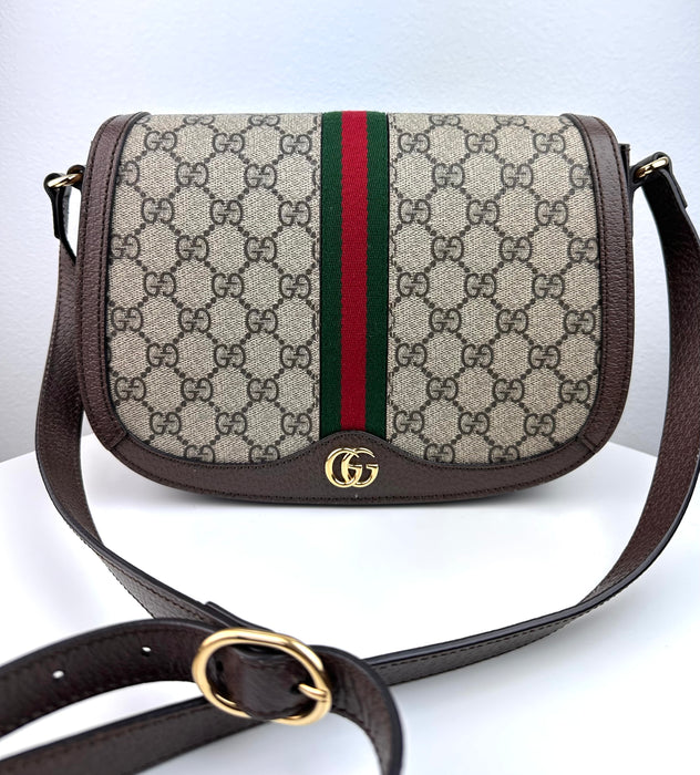 Gucci GG Supreme Monogram Web Ophidia Flap Messenger Bag Brown