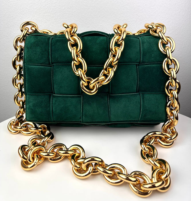 Bottega Veneta Chain Cassette Padded Suede Shoulder Bag Green