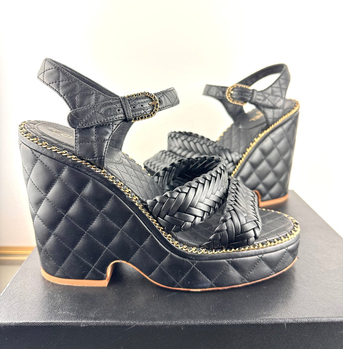 Chanel black and gold Calfskin Sandals