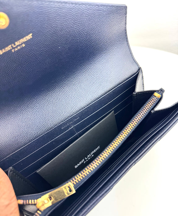 Saint Laurent Large Flap Wallet in Navy  Leather with Gold Hardware