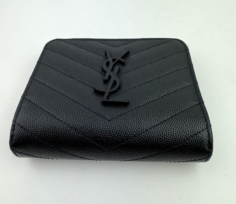 Saint Laurent Matelasse Chevron Monogram Compact Zip Around Wallet Black