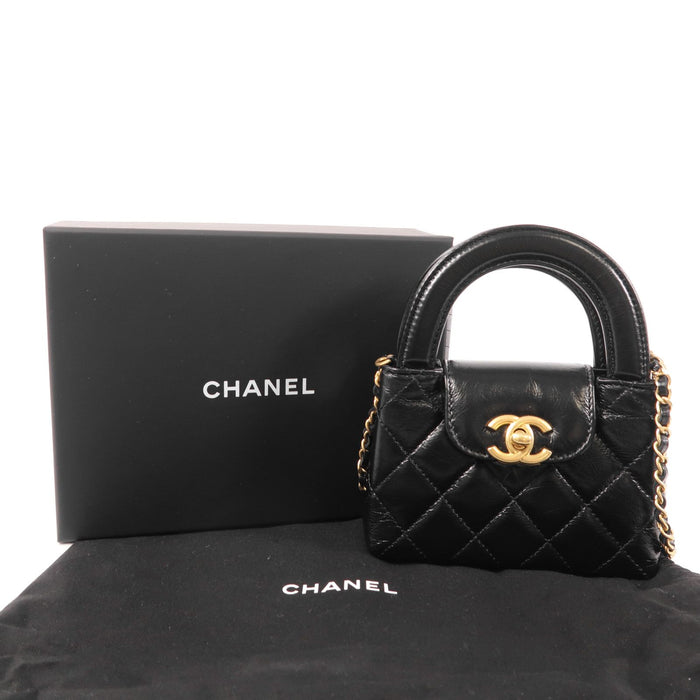 Chanel Shiny Aged Calfskin Quilted Mini Nano Kelly Shopper Black