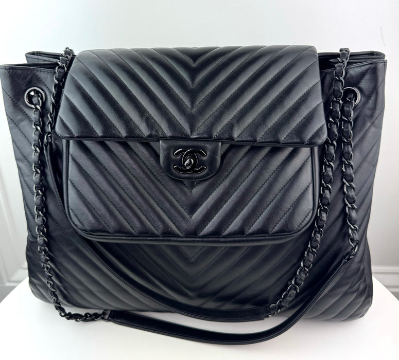 Chanel So Black Classic Flap Shopping Tote Chevron Lambskin Large