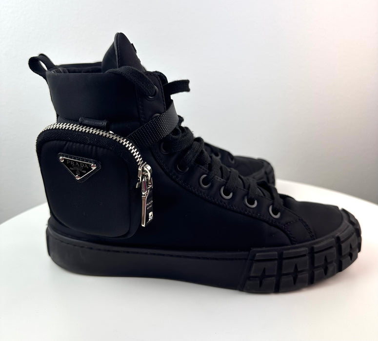 Prada Wheel Re-Nylon High-Top Sneakers with Zipper