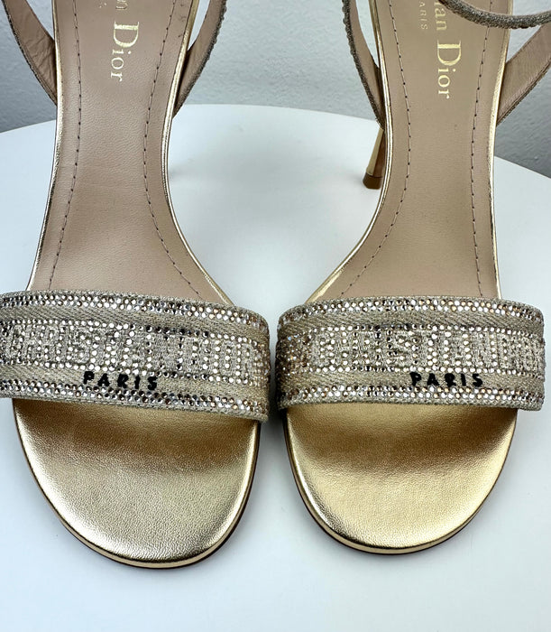 Dior Dway Heeled Sandal Gold-Tone Cotton Embroidered with Metallic & Strass