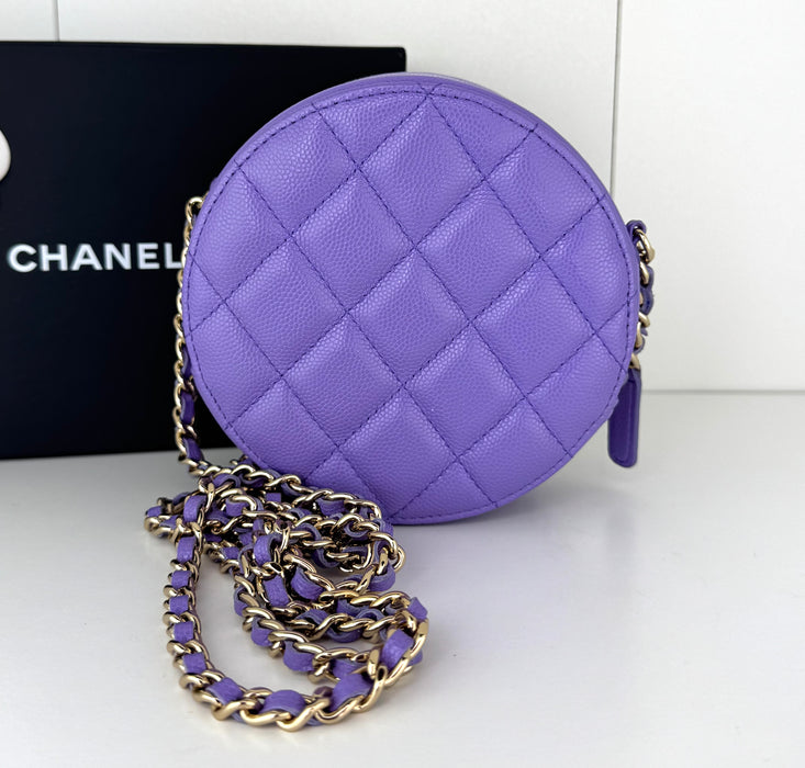 Caviar Quilted Round Clutch With Chain Purple