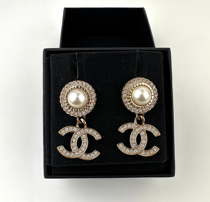 Chanel Pearl White Gold Crystal Earrings