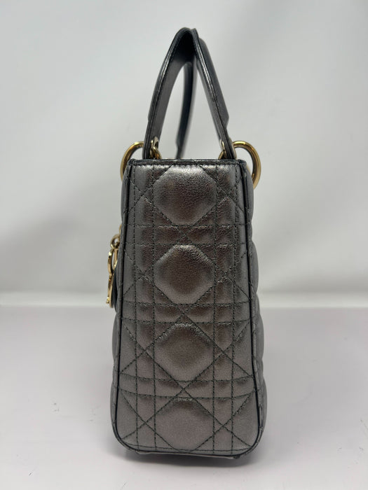 Dior Lady Cannage Leather Handbag Metallic Silver small