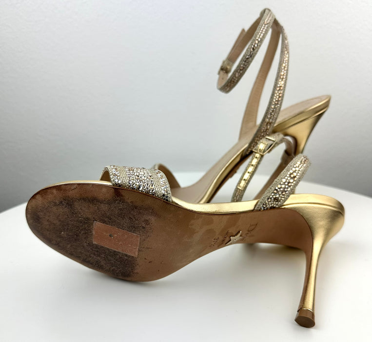 Dior Dway Heeled Sandal Gold-Tone Cotton Embroidered with Metallic & Strass