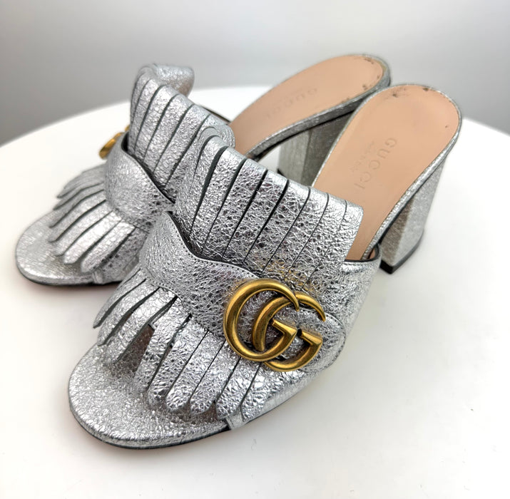Gucci Marmont Fringe Mules silver