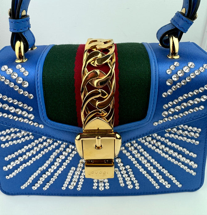 Gucci Satin Blue Sylvie Crystal Mini Bag