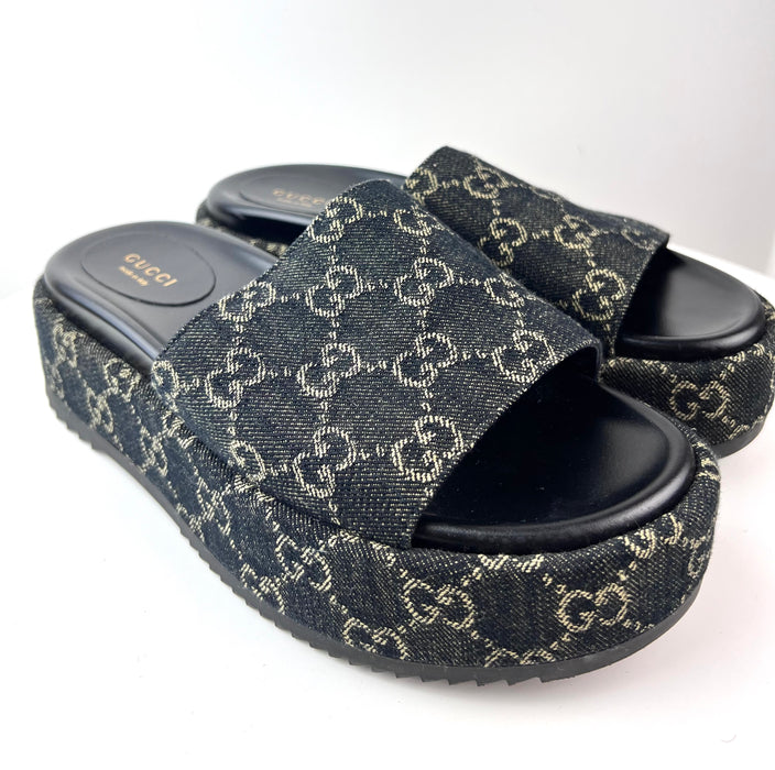 Gucci Platform Slide Sandal in Black and Ivory GG Denim