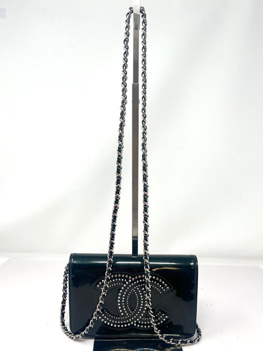 Chanel Black Patent Leather Crystal CC Wallet on a Chain