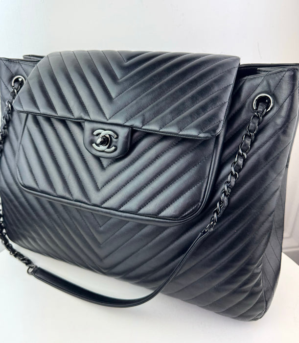 Chanel So Black Classic Flap Shopping Tote Chevron Lambskin Large
