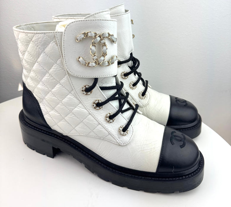 Chanel Women Lace Up Boots White and Black