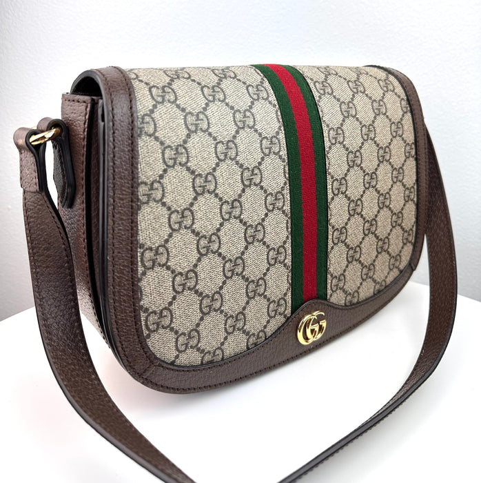 Gucci GG Supreme Monogram Web Ophidia Flap Messenger Bag Brown