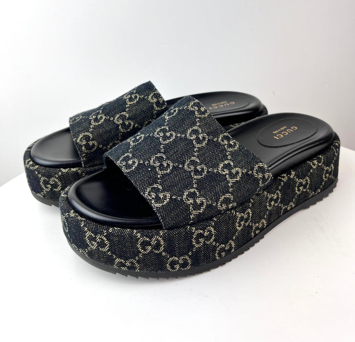 Gucci Platform Slide Sandal in Black and Ivory GG Denim