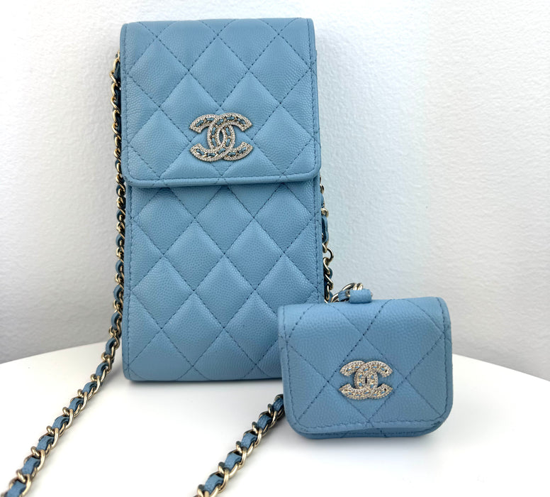 Chanel Crossbody Chain with AirPods Case Light Blue