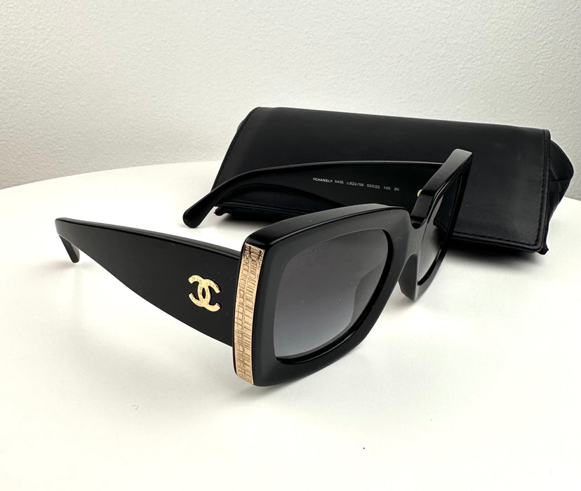 Chanel Black Rectangle Sunglasses with Gold