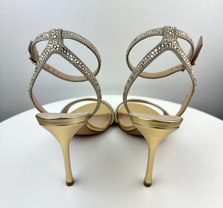 Dior Dway Heeled Sandal Gold-Tone Cotton Embroidered with Metallic & Strass