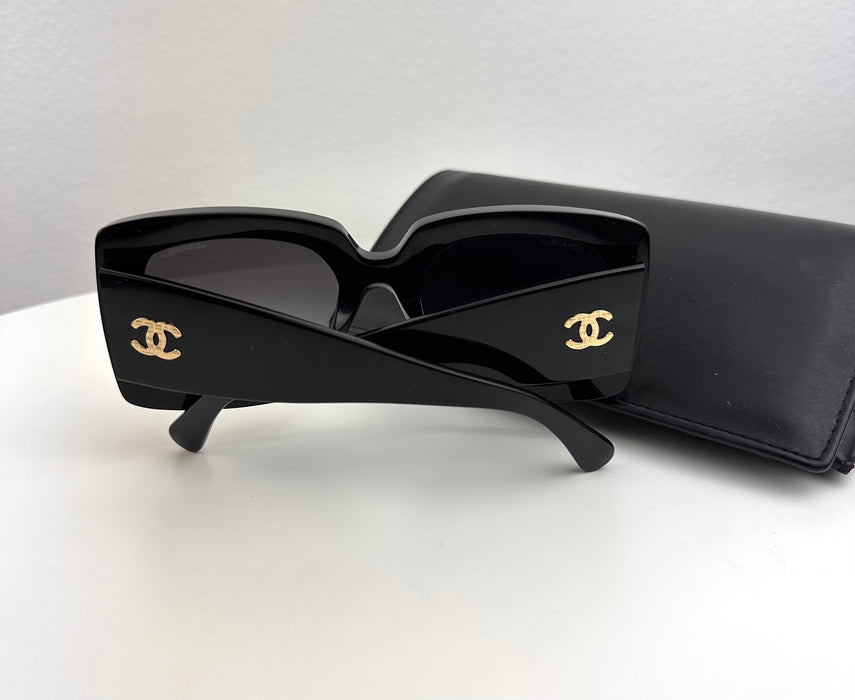 Chanel Black Rectangle Sunglasses with Gold