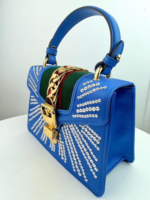Gucci Satin Blue Sylvie Crystal Mini Bag