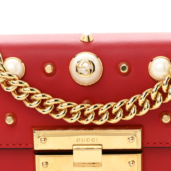 Gucci Calfskin Studded Small Padlock Shoulder Bag Hibiscus Red