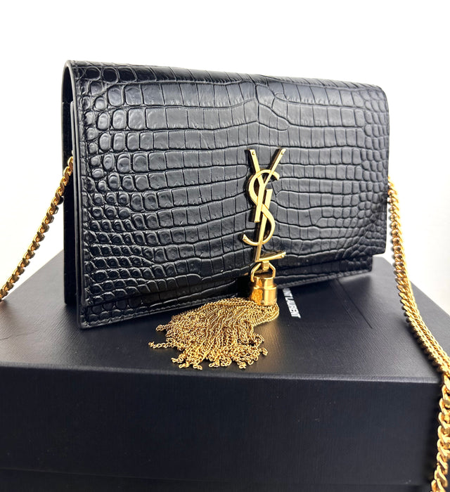 Saint Laurent Monogram Kate Tassel Wallet On Chain Croc Embossed