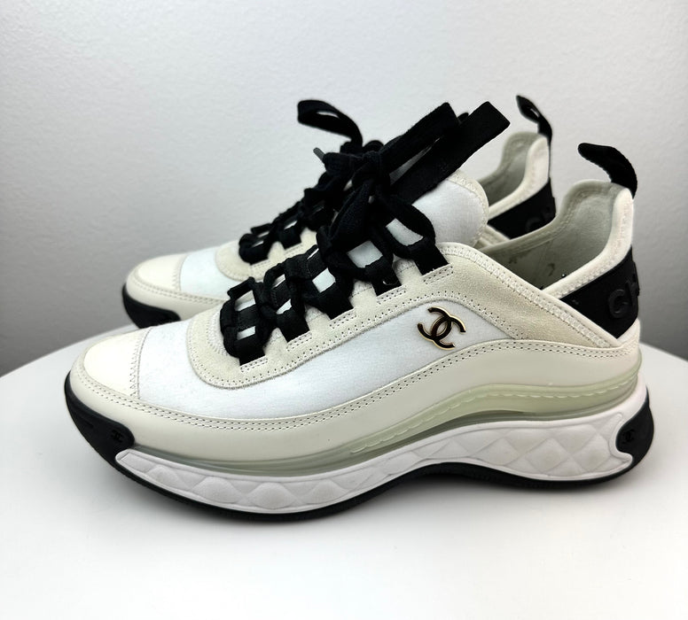 Chanel Mixed Fabric Sneakers in White Beige and Black