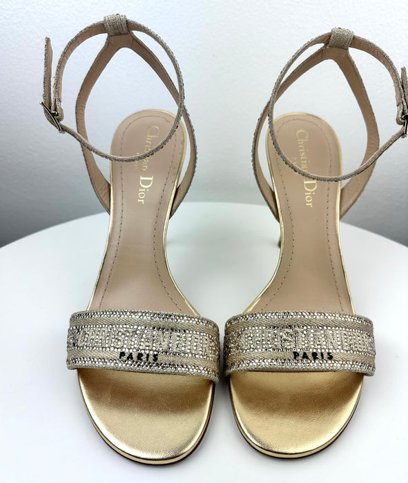 Dior Dway Heeled Sandal Gold-Tone Cotton Embroidered with Metallic & Strass