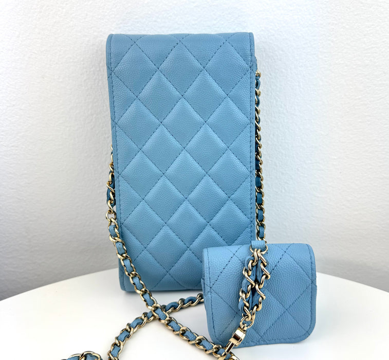 Chanel Crossbody Chain with AirPods Case Light Blue
