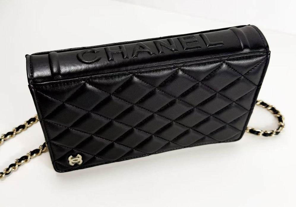 Chanel Lambskin Quilted Book Wallet On Chain WOC Black