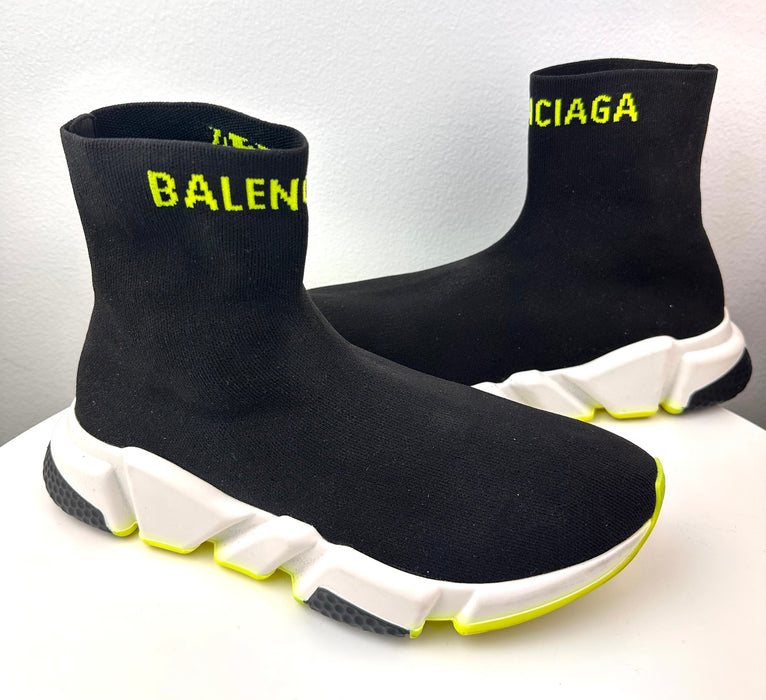 Balenciaga Speed Sneakers in Black and White with Lime Green