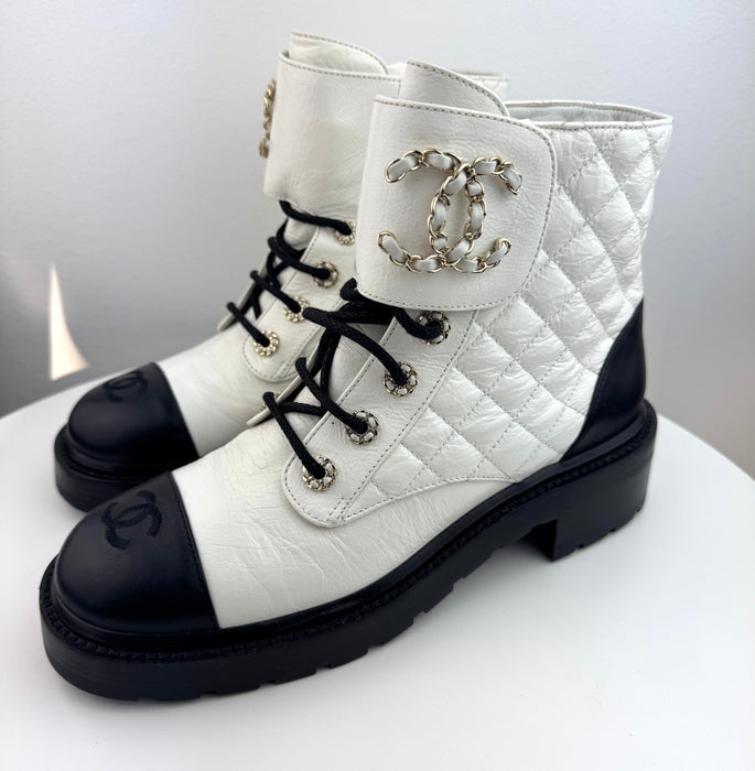 Chanel Women Lace Up Boots White and Black