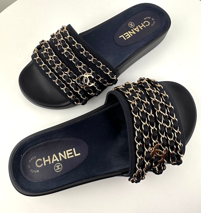 Chanel CC Flat Mules Marine 38