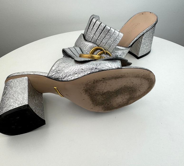 Gucci Marmont Fringe Mules silver