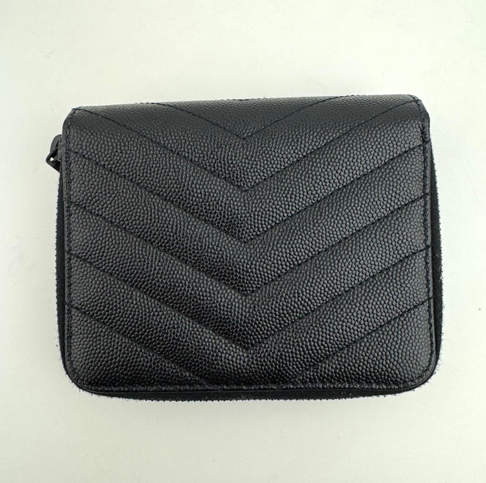 Saint Laurent Matelasse Chevron Monogram Compact Zip Around Wallet Black