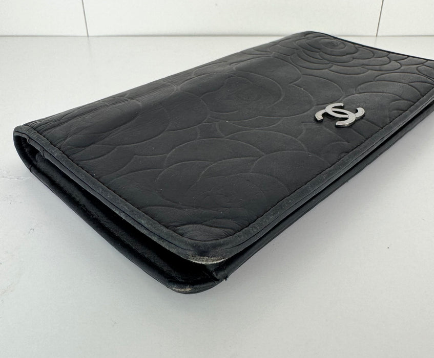 Chanel Camellia embossed lambskin leather flap wallet