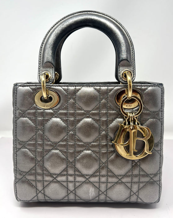 Dior Lady Cannage Leather Handbag Metallic Silver small