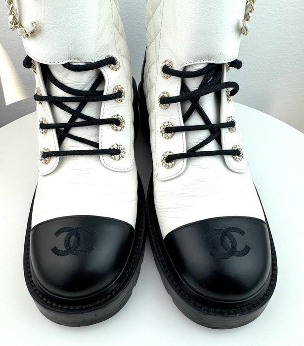 Chanel Women Lace Up Boots White and Black