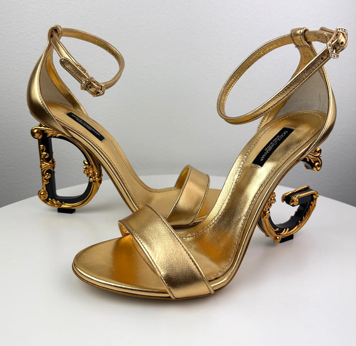Dolce & Gabbana Gold Sandals with DG Baroque Heel