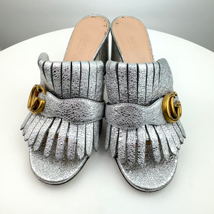 Gucci Marmont Fringe Mules silver