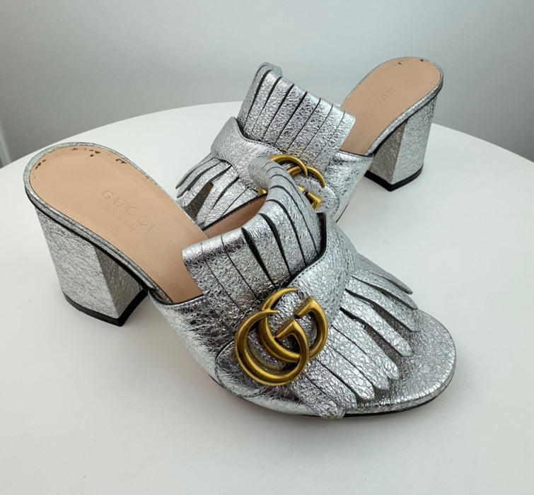 Gucci Marmont Fringe Mules silver