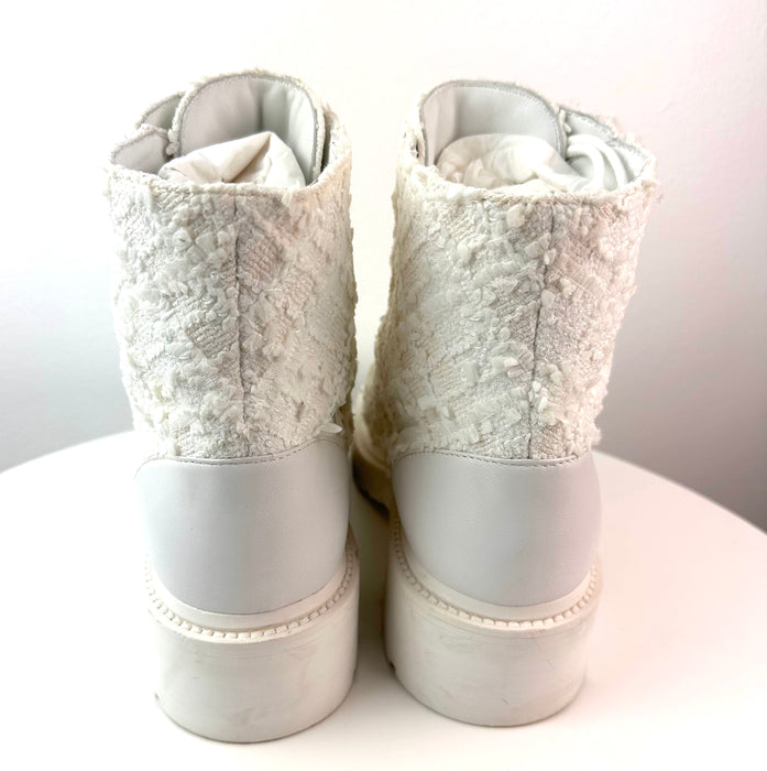 Chanel Women Lace Up Boots White Tweed