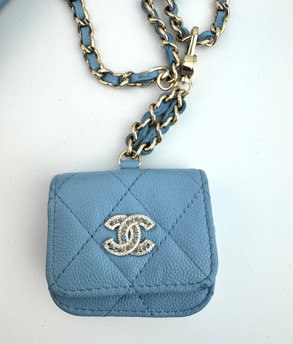 Chanel Crossbody Chain with AirPods Case Light Blue