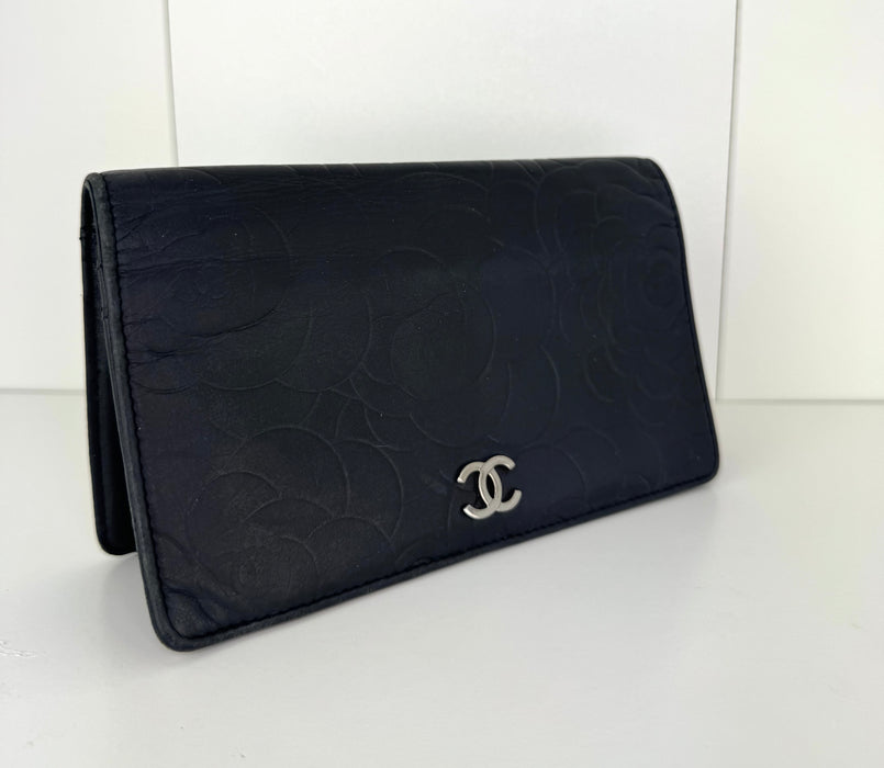 Chanel Camellia embossed lambskin leather flap wallet