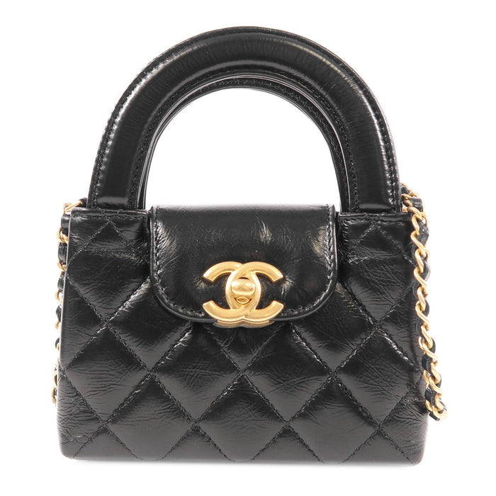 Chanel Shiny Aged Calfskin Quilted Mini Nano Kelly Shopper Black